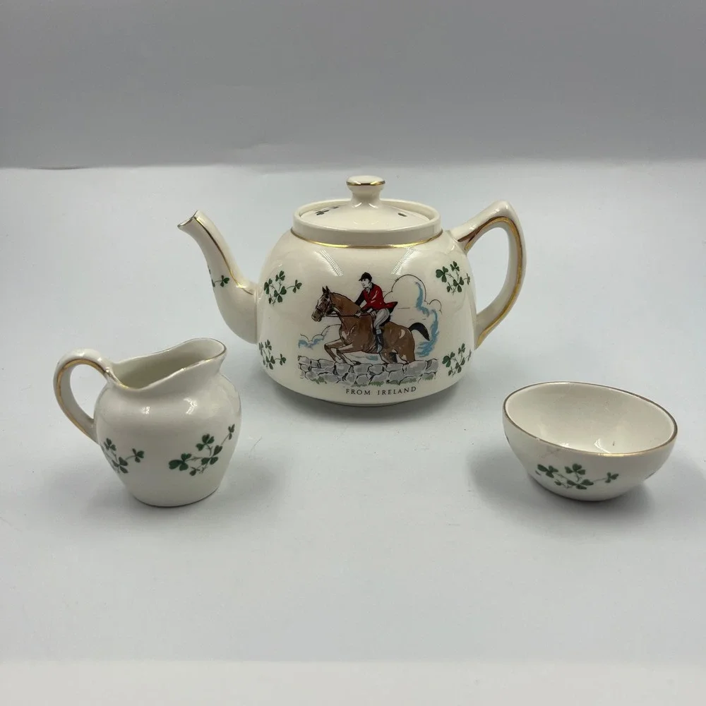 Vintage Carrigaline Ireland Fox Hunt Tea Set Teapot Creamer Sugar Shamrocks Gold